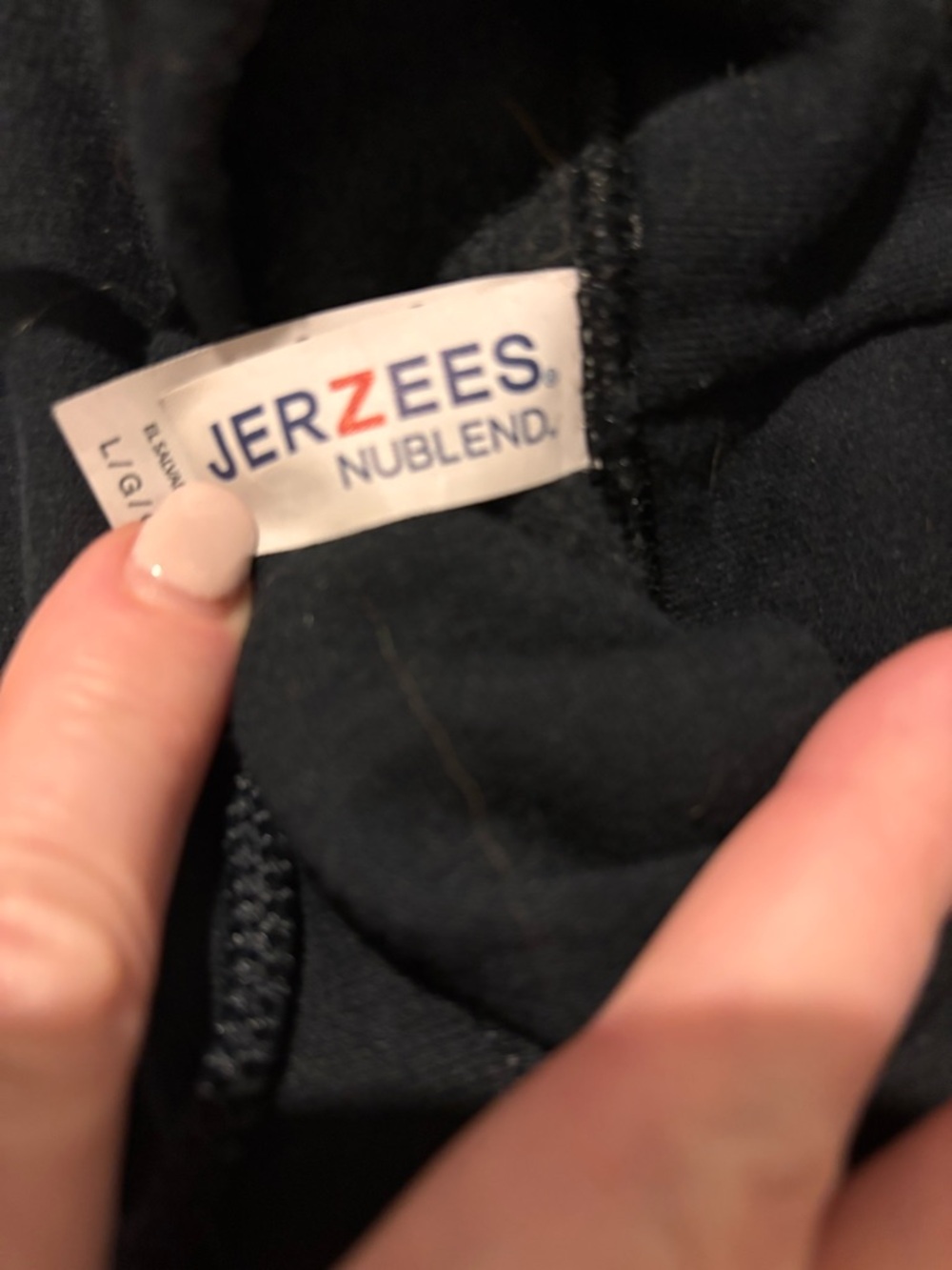 Jerzees Black Hoodie with Red and Blue Brand Tag